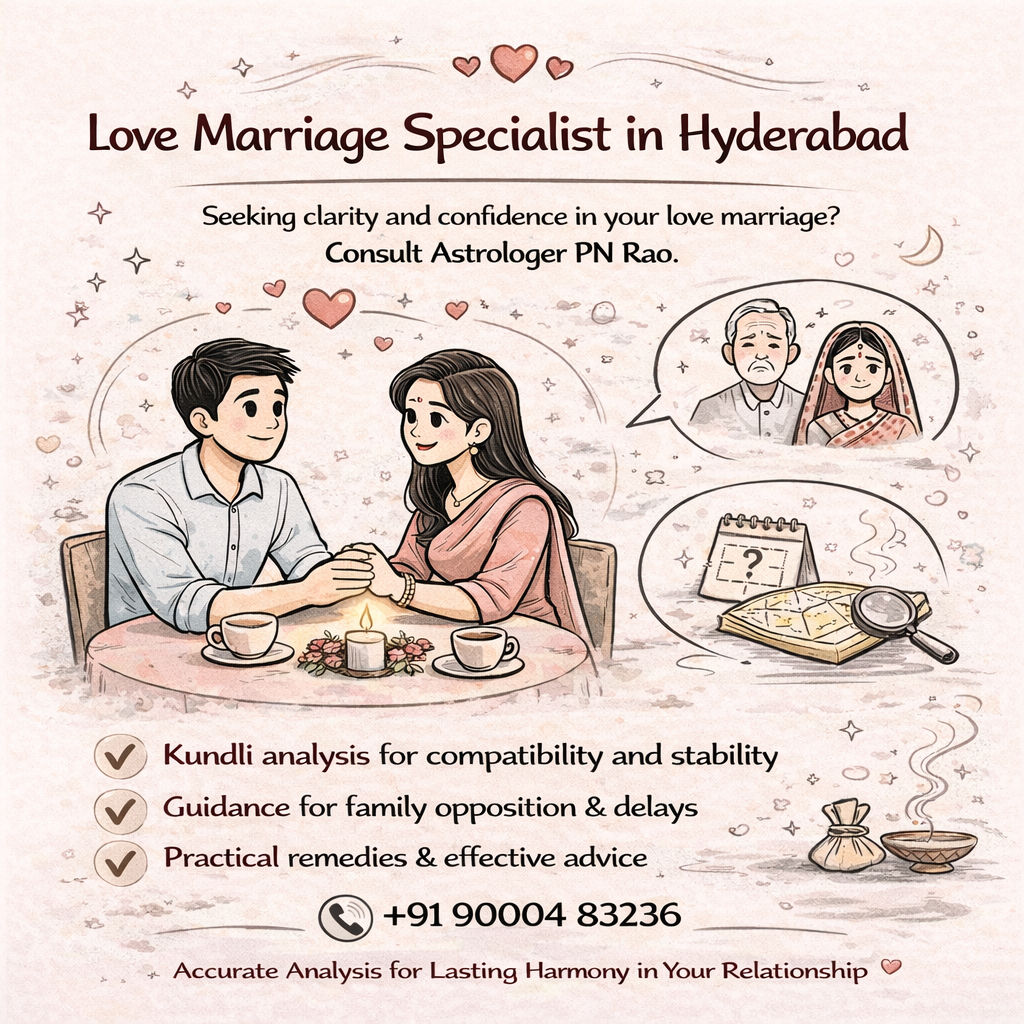 Illustration about a love marriage specialist in Hyderabad showing kundli analysis, relationship compatibility guidance, and astrology consultation services with contact number.