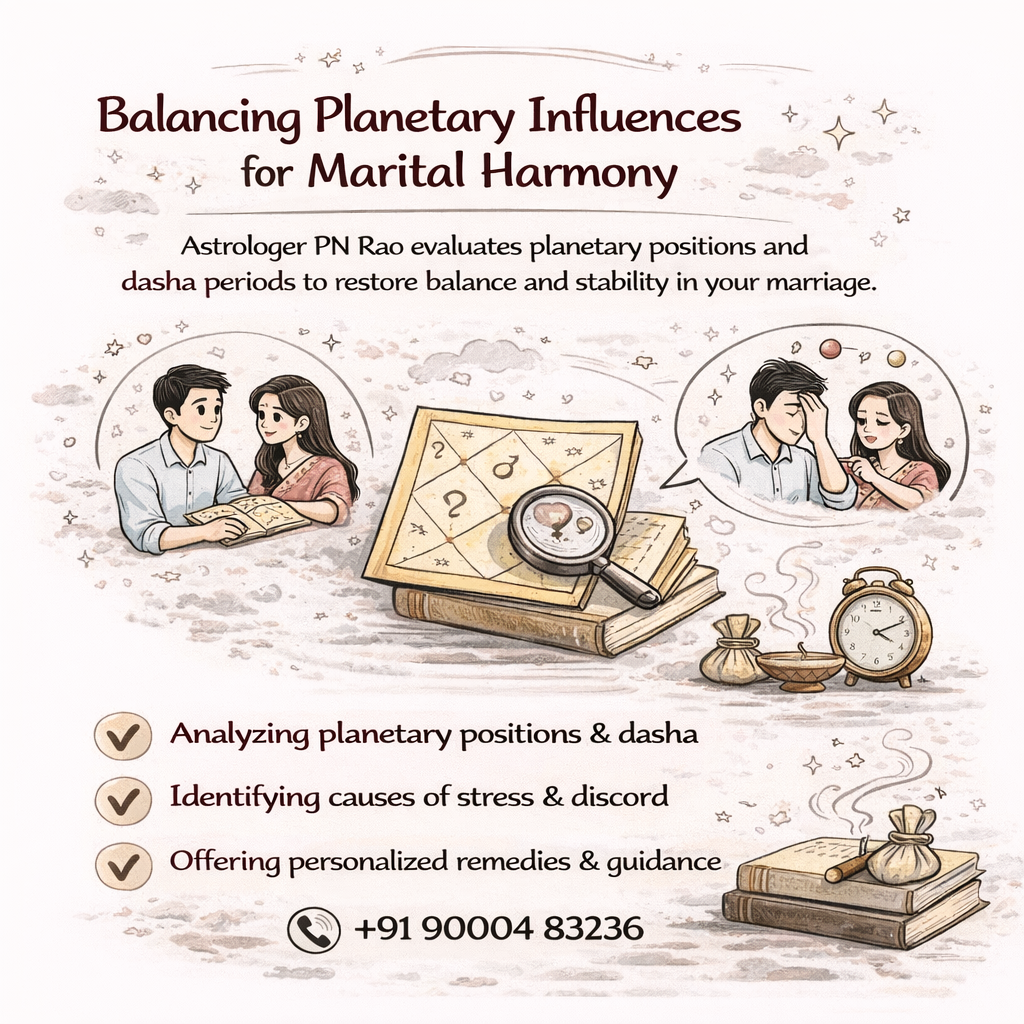 Astrology illustration showing planetary analysis for improving marital harmony and relationship stability.